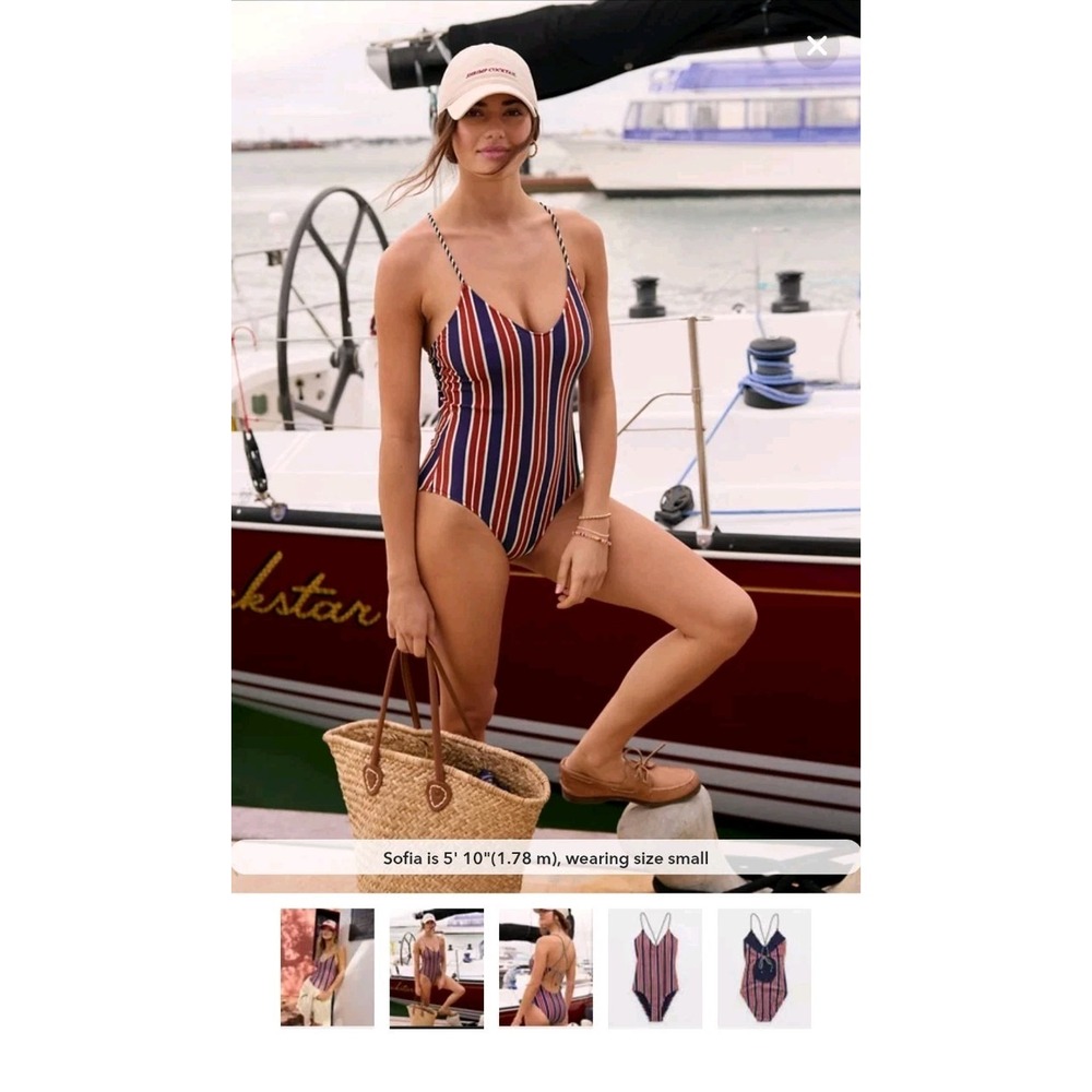 aerie Striped One-Piece Swimsuit in Navy, Red & White - Picture 2 of 14